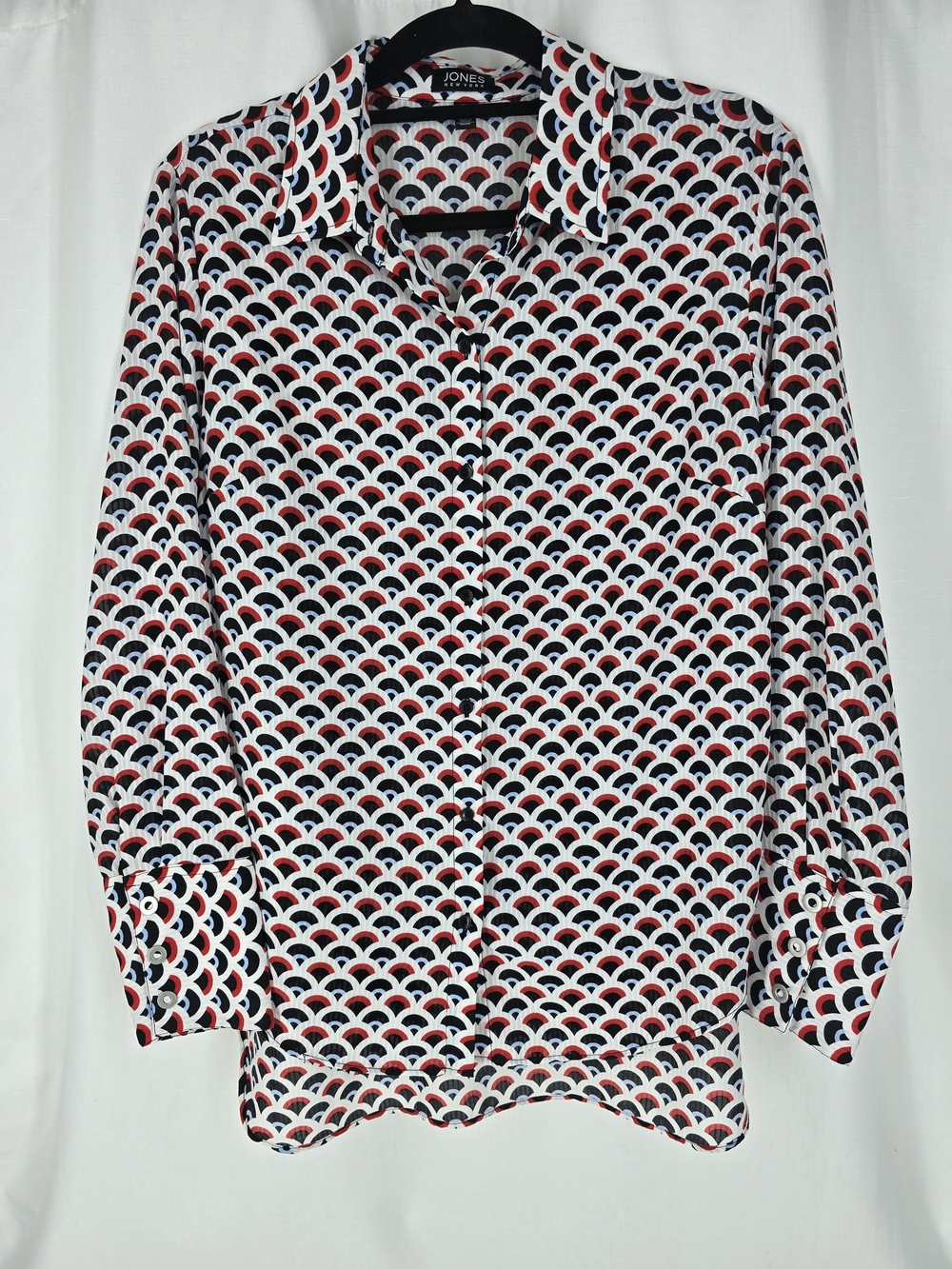 Jones New York Red, White & Navy Geometric Button-Up Blouse